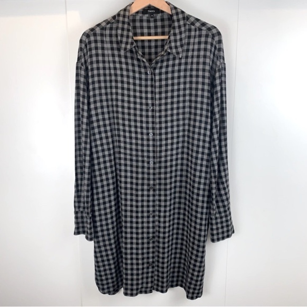 Theory Shirt Dress Black Gray Gingham Check Plaid Long Sleeve sz M